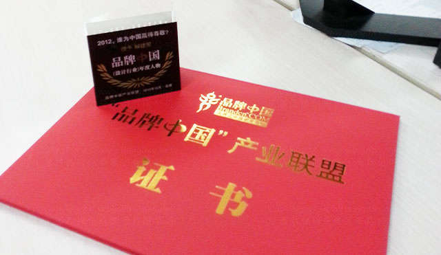 东道董事长解建军先生荣膺2012品牌中国行业年度人物证书